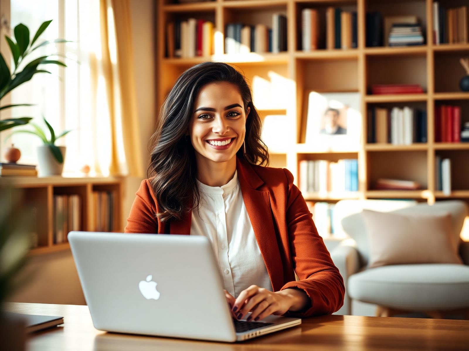 Friendly professional learning AI on a laptop in a sunlit room